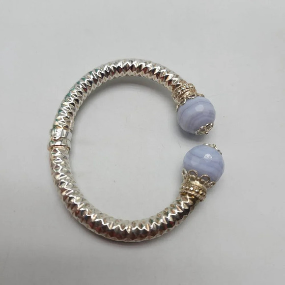 Sterling Silver Blue Lace Agate Cuff Bracelet 925 Vintage Waffle Texture - Picture 4 of 6